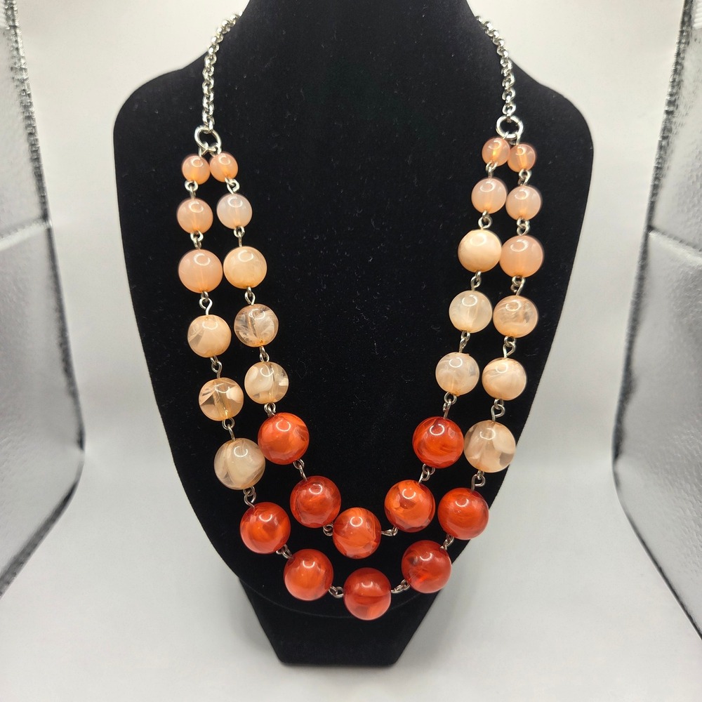 NY & Co Peach Coral Orange Beaded Statement Necklace Boho Y2K